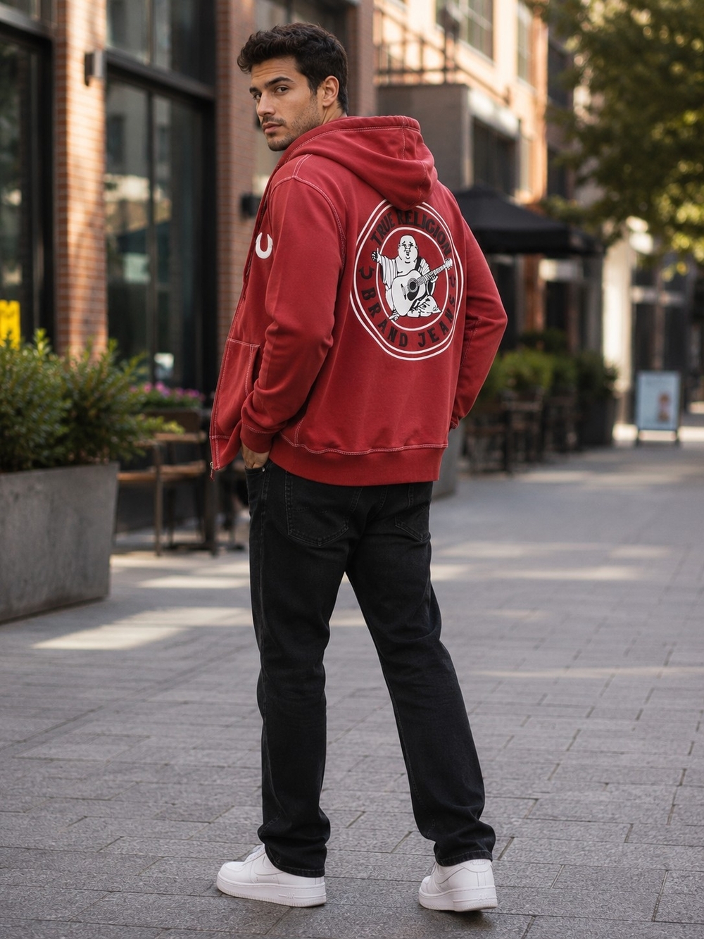 True Religion Buddha Logo Seal Zip Hoodie Red Large Graphic